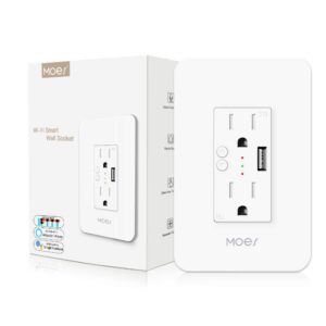 Tomacorriente Inteligente WiFi MOES 15A con 2 Tomas y 1 Puerto USB